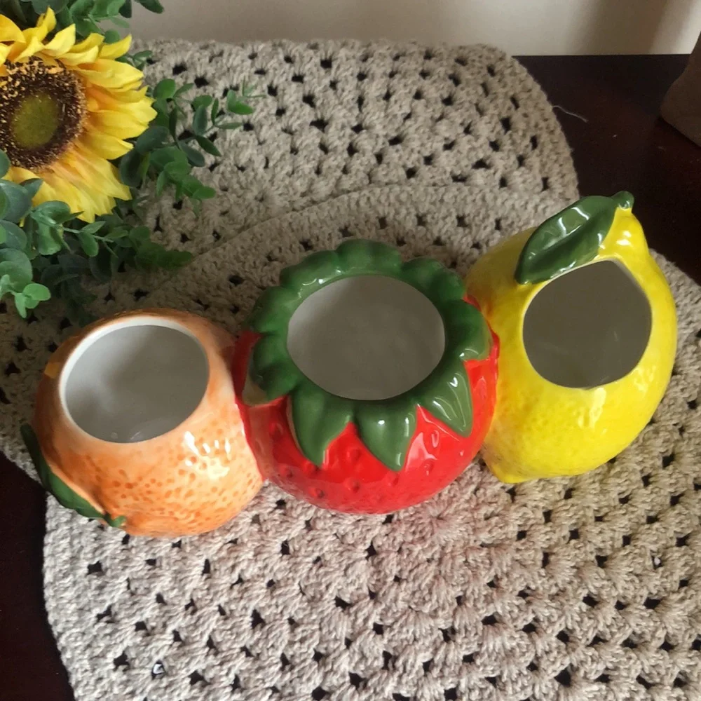 Fruit-Themed Ceramic Planter Pots Set - Orange, Red, Yellow
